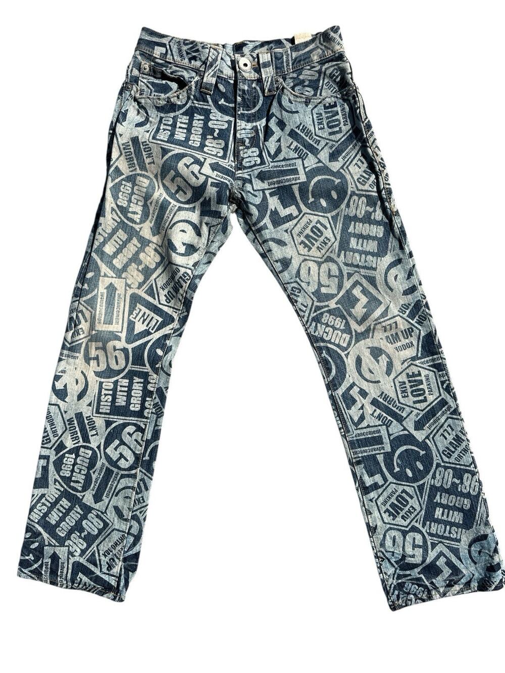 Y2K CO&LU Graphic Print Jeans Size 25 All Over Logo Denim Japanese Streetwear